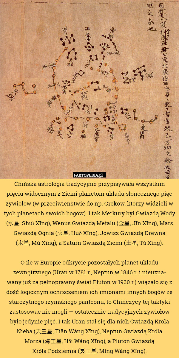 Chińska astrologia tradycyjnie przypisywała wszystkim
pięciu widocznym z