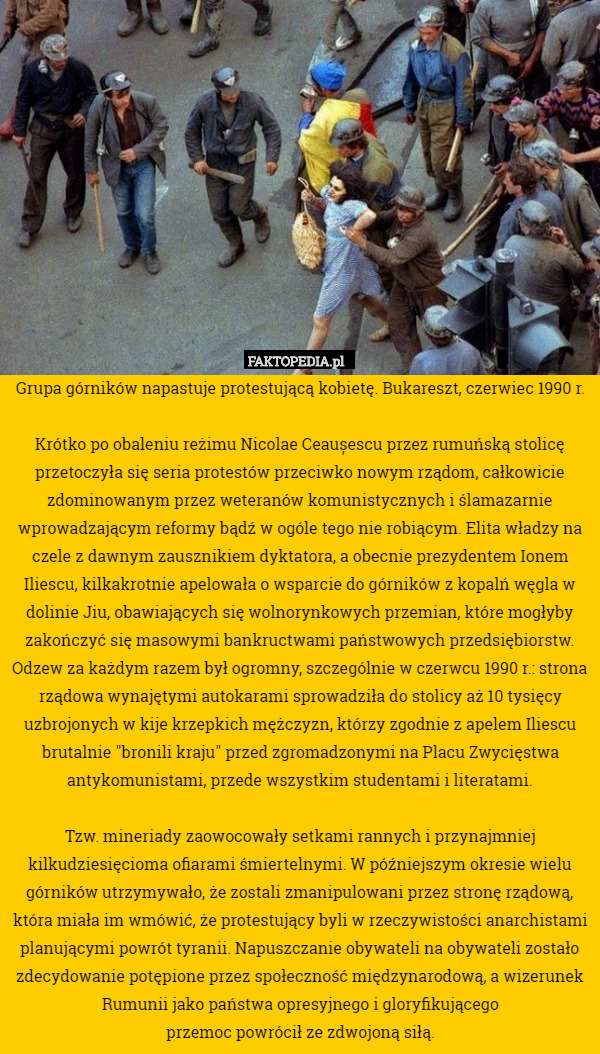 Grupa górników napastuje protestującą kobietę. Bukareszt, czerwiec 1990