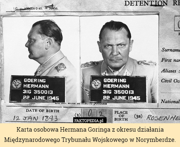 Karta osobowa Hermana Goringa z okresu działania Międzynarodowego Trybunału