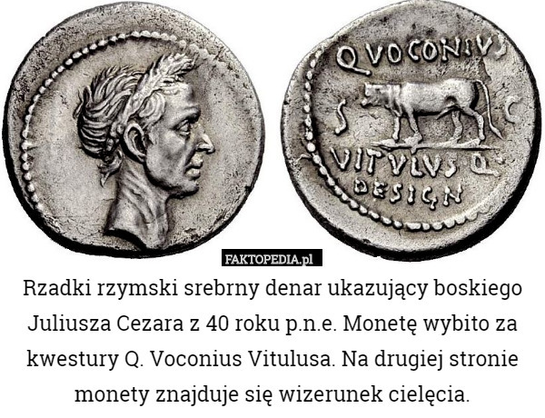 Rzadki rzymski srebrny denar ukazujący boskiego Juliusza Cezara z...