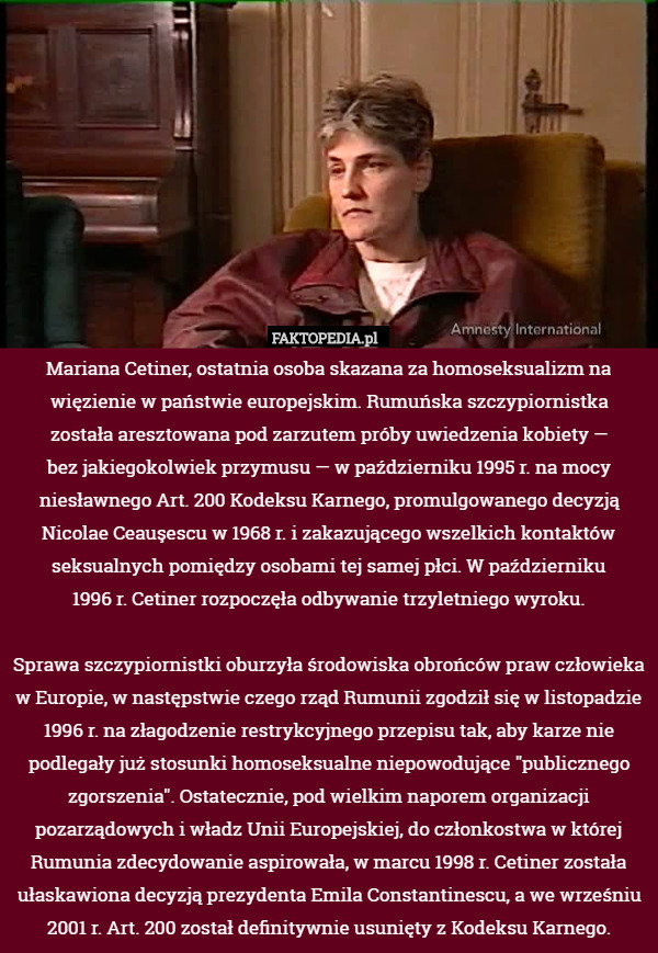 Mariana Cetiner, ostatnia osoba skazana za homoseksualizm na więzienie w...