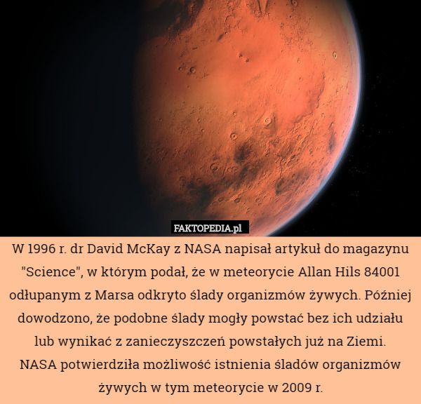 W 1996 r. dr David McKay z NASA napisał artykuł do magazynu "Science"...