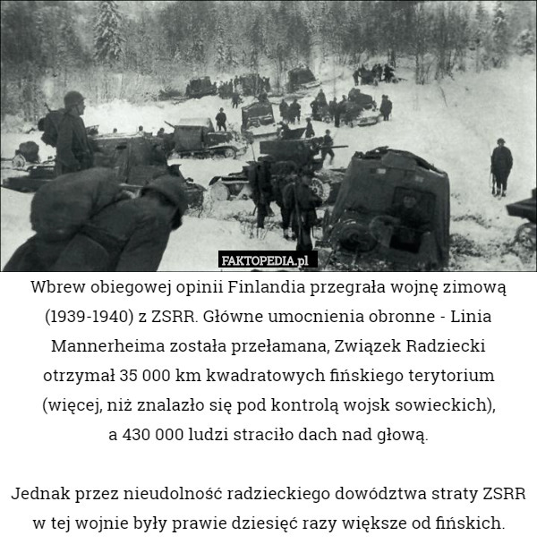 Wbrew obiegowej opinii Finlandia przegrała wojnę zimową (1939-1940) z...