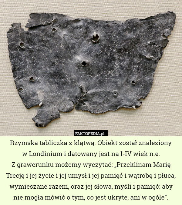 Rzymska tabliczka z klątwą. Obiekt został znaleziony w Londinium i datowany...