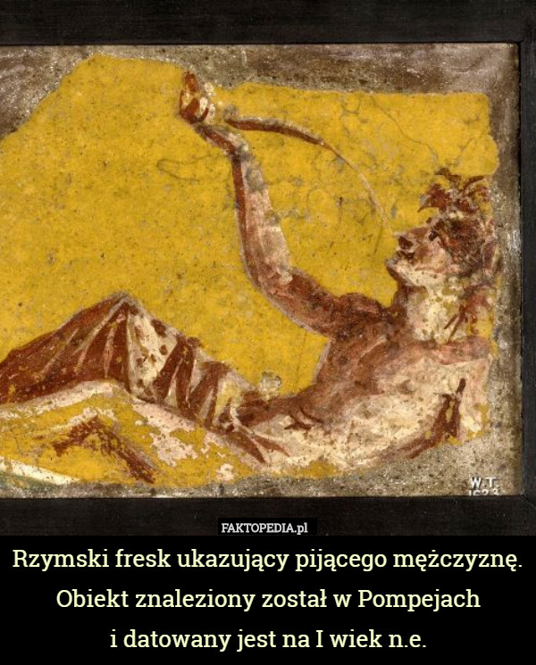 Rzymski fresk ukazujący pijącego mężczyznę. Obiekt znaleziony został w Pompejach...