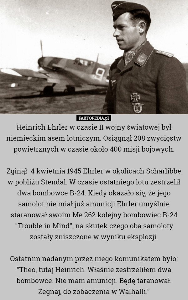 Heinrich Ehrler w czasie II wojny światowej był niemieckim asem...