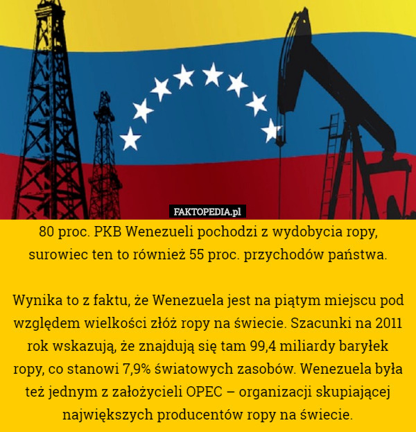 80 proc. PKB Wenezueli pochodzi z wydobycia ropy, surowiec ten to również...