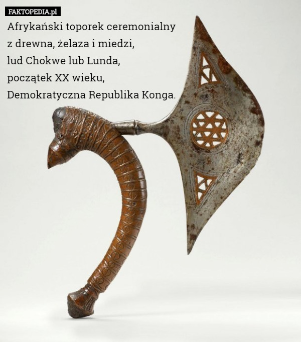 Afrykański toporek ceremonialny z drewna, żelaza i miedzi, lud Chokwe...