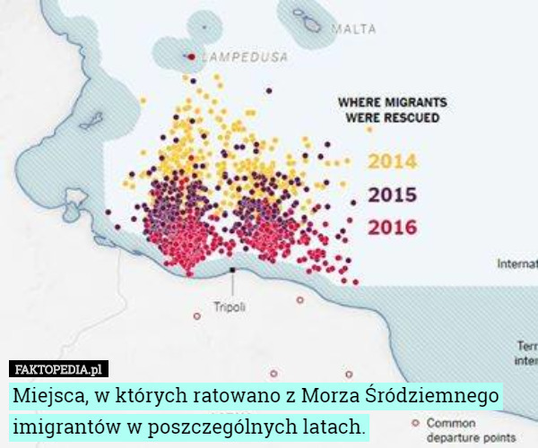 Miejsca, w których ratowano z Morza Śródziemnego imigrantów w poszczególnych...