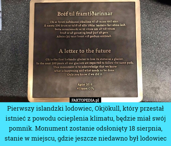 Pierwszy islandzki lodowiec, Okjökull, który przestał istnieć z powodu ocieplenia...