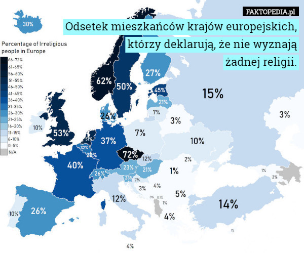 Odsetek mieszkańców krajów europejskich, którzy deklarują, że nie wyznają...