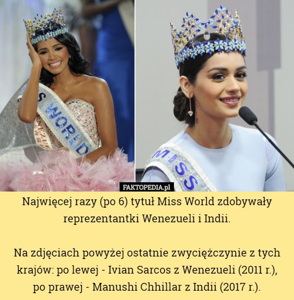 Najwięcej razy (po 6) tytuł Miss World zdobywały reprezentantki Wenezueli...