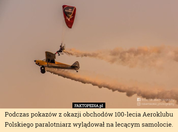 Podczas pokazów z okazji obchodów 100-lecia Aeroklubu Polskiego paralotniarz...