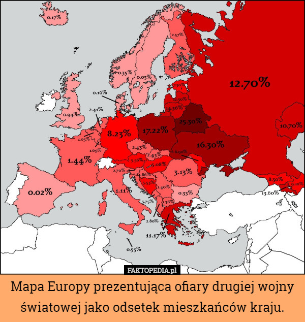 Mapa Europy prezentująca ofiary drugiej wojny światowej jako odsetek mieszkańców...