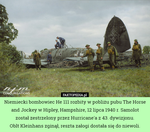 Niemiecki bombowiec He 111 rozbity w pobliżu pubu The Horse and Jockey w...