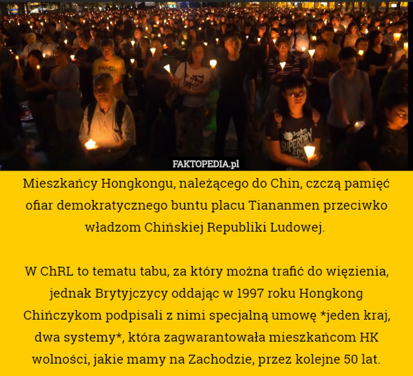 Mieszkańcy Hongkongu, należącego do Chin, czczą pamięć ofiar demokratycznego...
