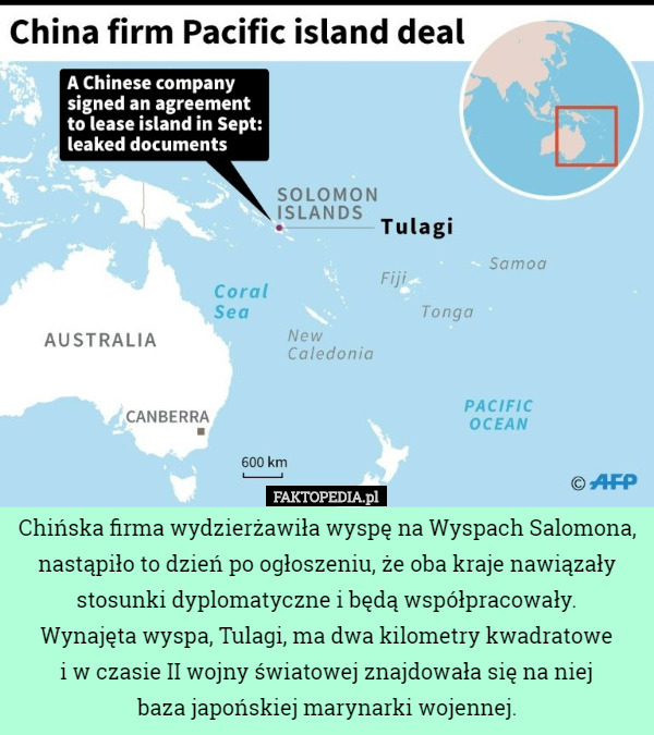 Chińska firma wydzierżawiła wyspę na Wyspach Salomona, nastąpiło to dzień...