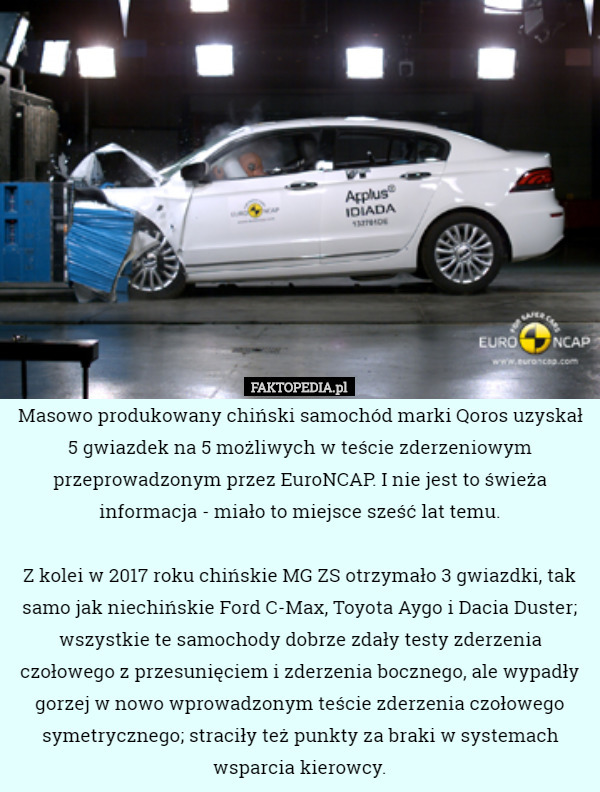 Masowo produkowany chiński samochód marki Qoros uzyskał 5 gwiazdek na 5...