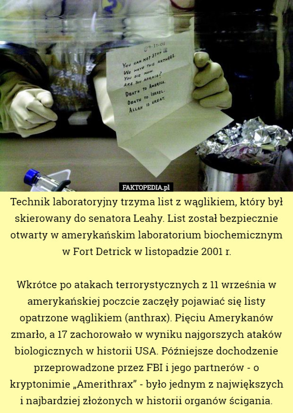 Technik laboratoryjny trzyma list z wąglikiem, który był skierowany do senatora...