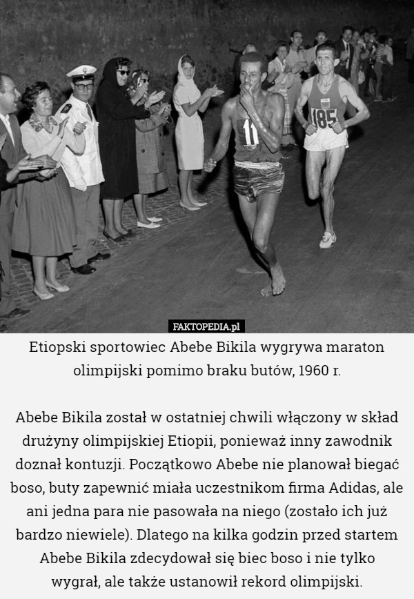 Etiopski sportowiec Abebe Bikila wygrywa maraton olimpijski pomimo braku...