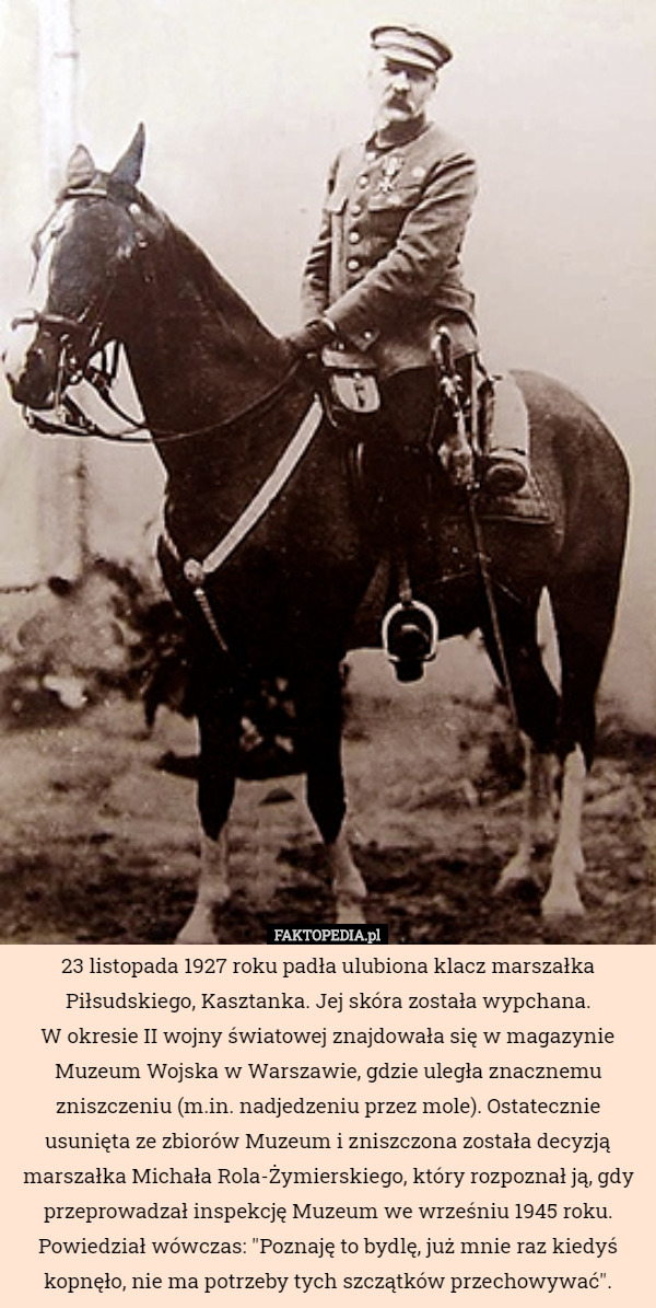 23 listopada 1927 roku padła ulubiona klacz marszałka Piłsudskiego, Kasztanka...