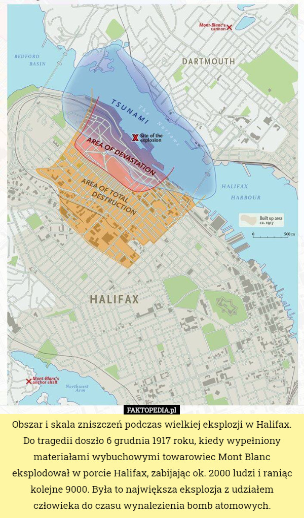 Obszar i skala zniszczeń podczas wielkiej eksplozji w Halifax. Do tragedii...