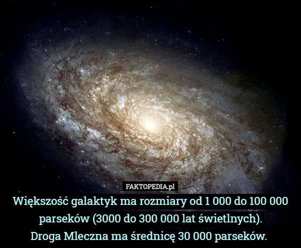 Większość galaktyk ma rozmiary od 1 000 do 100 000 parseków (3000 do 300