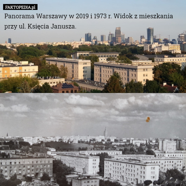 Panorama Warszawy w 2019 i 1973 r. Widok z mieszkania przy ul. Księcia...