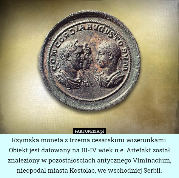 Rzymska moneta z trzema cesarskimi wizerunkami. Obiekt jest datowany na...