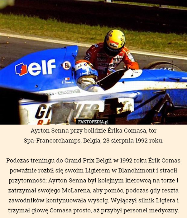 Ayrton Senna przy bolidzie Érika Comasa, tor Spa-Francorchamps, Belgia...