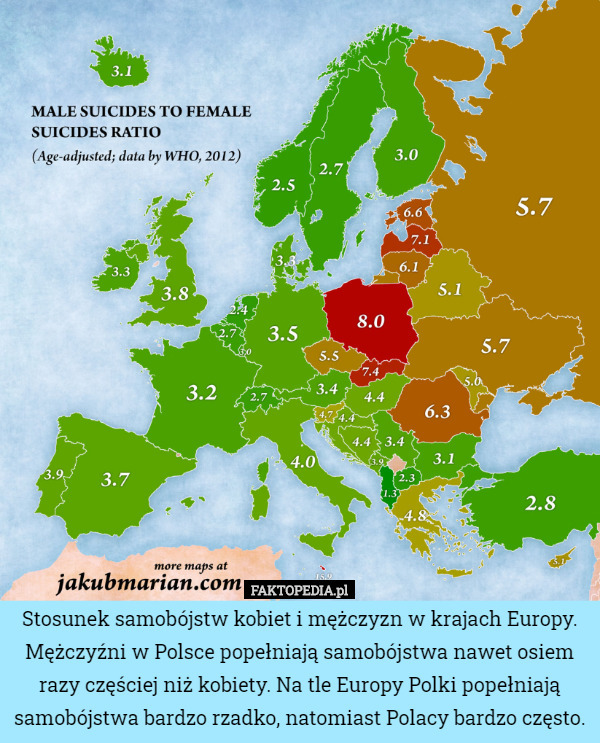 Stosunek samobójstw kobiet i mężczyzn w krajach Europy. Mężczyźni w Polsce...
