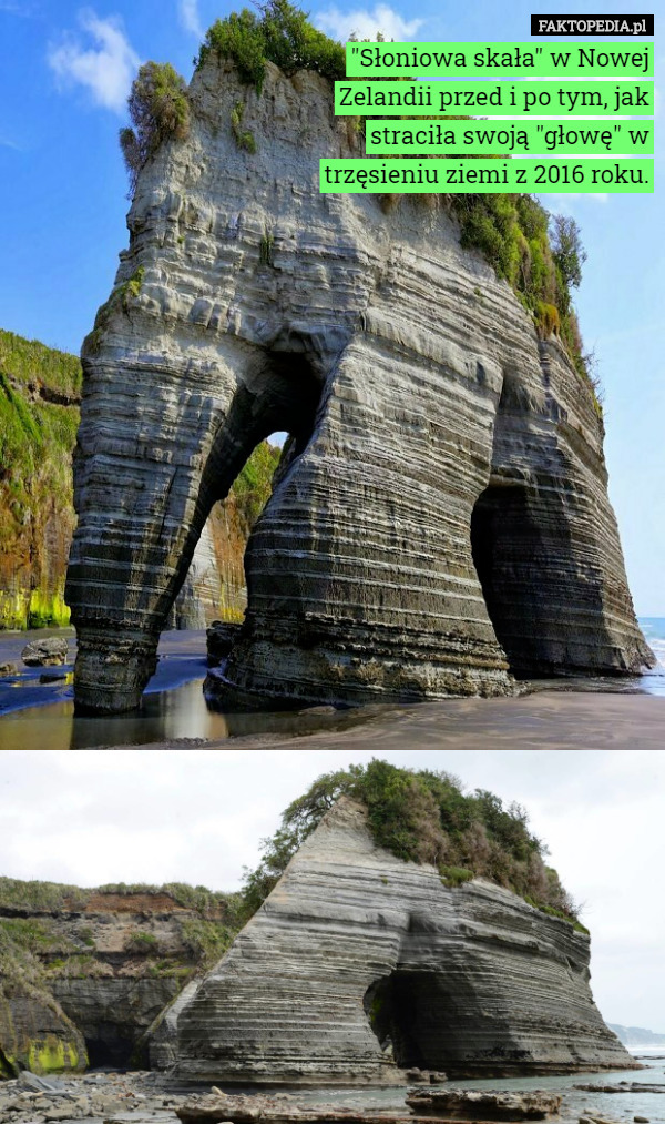 "Słoniowa skała" w Nowej Zelandii przed i po tym, jak straciła...