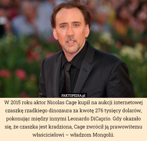 W 2015 roku aktor Nicolas Cage kupił na aukcji internetowej czaszkę rzadkiego...