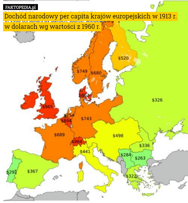 Dochód narodowy per capita krajów europejskich w 1913 r. w dolarach...