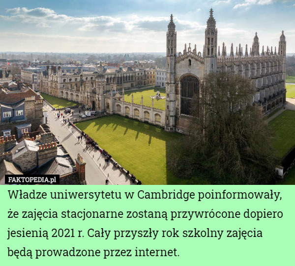 Władze uniwersytetu w Cambridge poinformowały, że zajęcia stacjonarne zostaną...