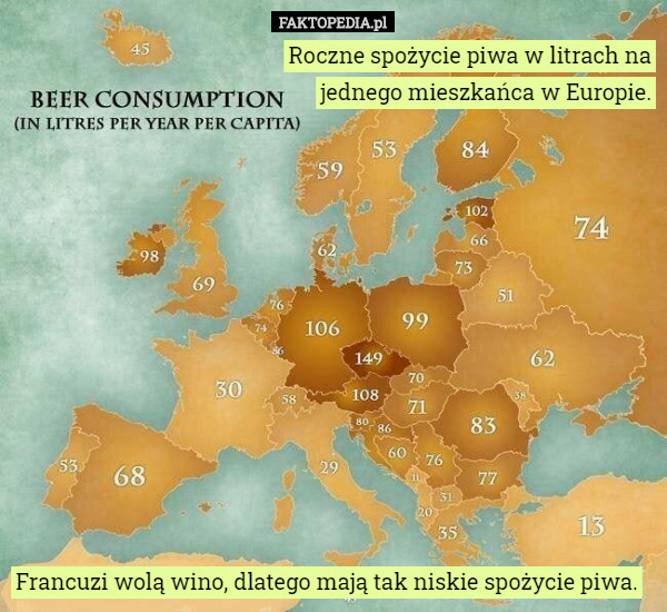 Roczne spożycie piwa w litrach na jednego mieszkańca w Europie.