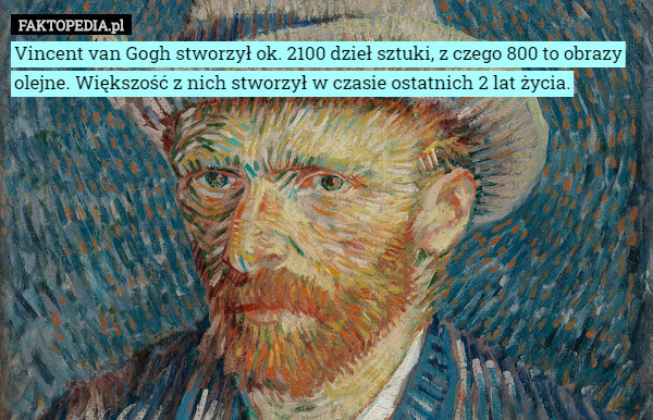 Vincent van Gogh stworzył ok. 2100 dzieł sztuki, z czego 800 to obrazy...