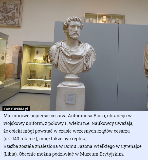 Marmurowe popiersie cesarza Antoninusa Piusa, ubranego w wojskowy uniform...