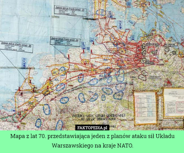 Mapa z lat 70. przedstawiająca jeden z planów ataku sił Układu Warszawskiego