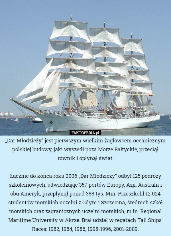 „Dar Młodzieży” jest pierwszym wielkim żaglowcem oceanicznym polskiej budowy...