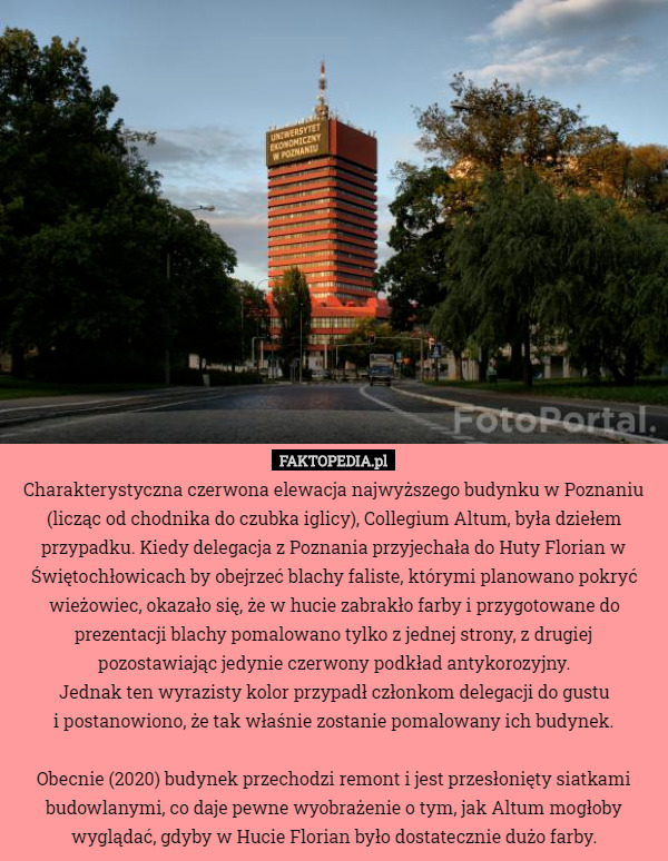 Charakterystyczna czerwona elewacja najwyższego budynku w Poznaniu (licząc...