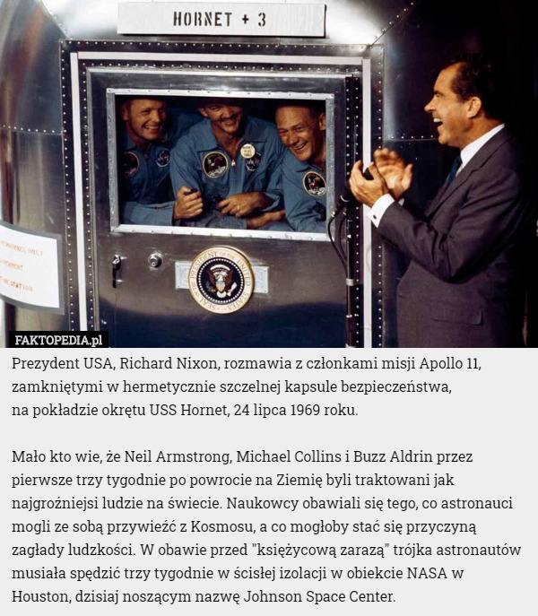 Prezydent USA, Richard Nixon, rozmawia z członkami misji Apollo 11, zamkniętymi...