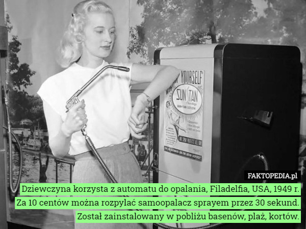 Dziewczyna korzysta z automatu do opalania, Filadelfia, USA, 1949 r. Za...