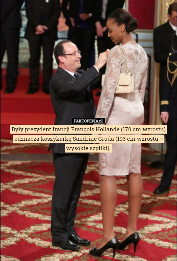 Były prezydent francji François Hollande (170 cm wzrostu) odznacza koszykarkę