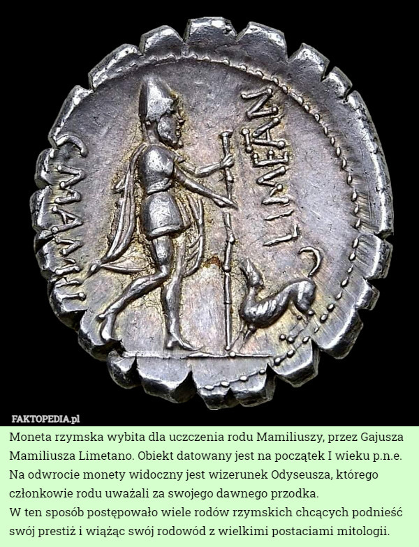Moneta rzymska wybita dla uczczenia rodu Mamiliuszy, przez Gajusza Mamiliusza...