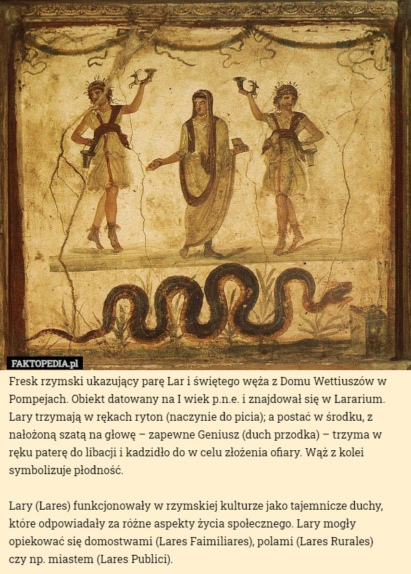 Fresk rzymski ukazujący parę Lar i świętego węża z Domu Wettiuszów w Pompejach...
