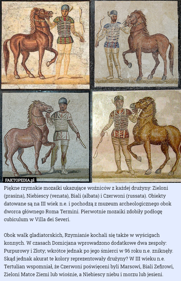 Piękne rzymskie mozaiki ukazujące woźniców z każdej drużyny: Zieloni (prasina)...