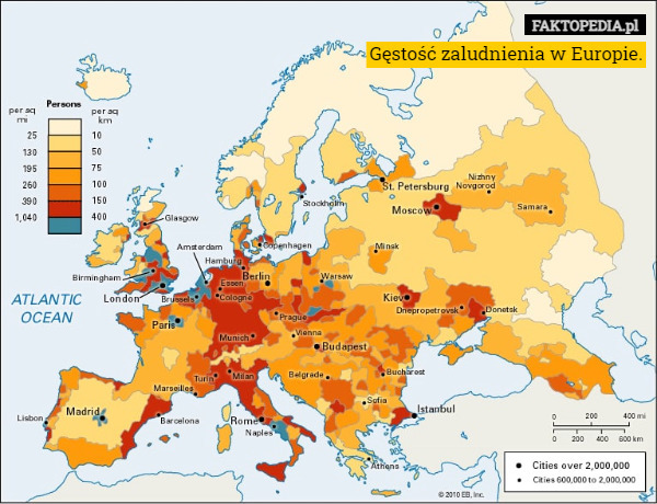 Gęstość zaludnienia w Europie.