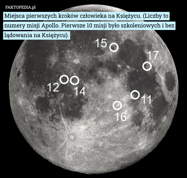 Miejsca pierwszych kroków człowieka na Księżycu. (Liczby to numery misji
