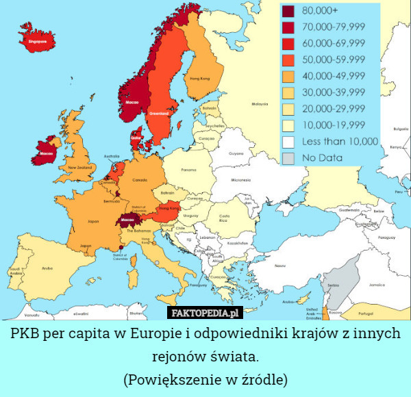 PKB per capita w Europie i odpowiedniki krajów z innych rejonów świata.